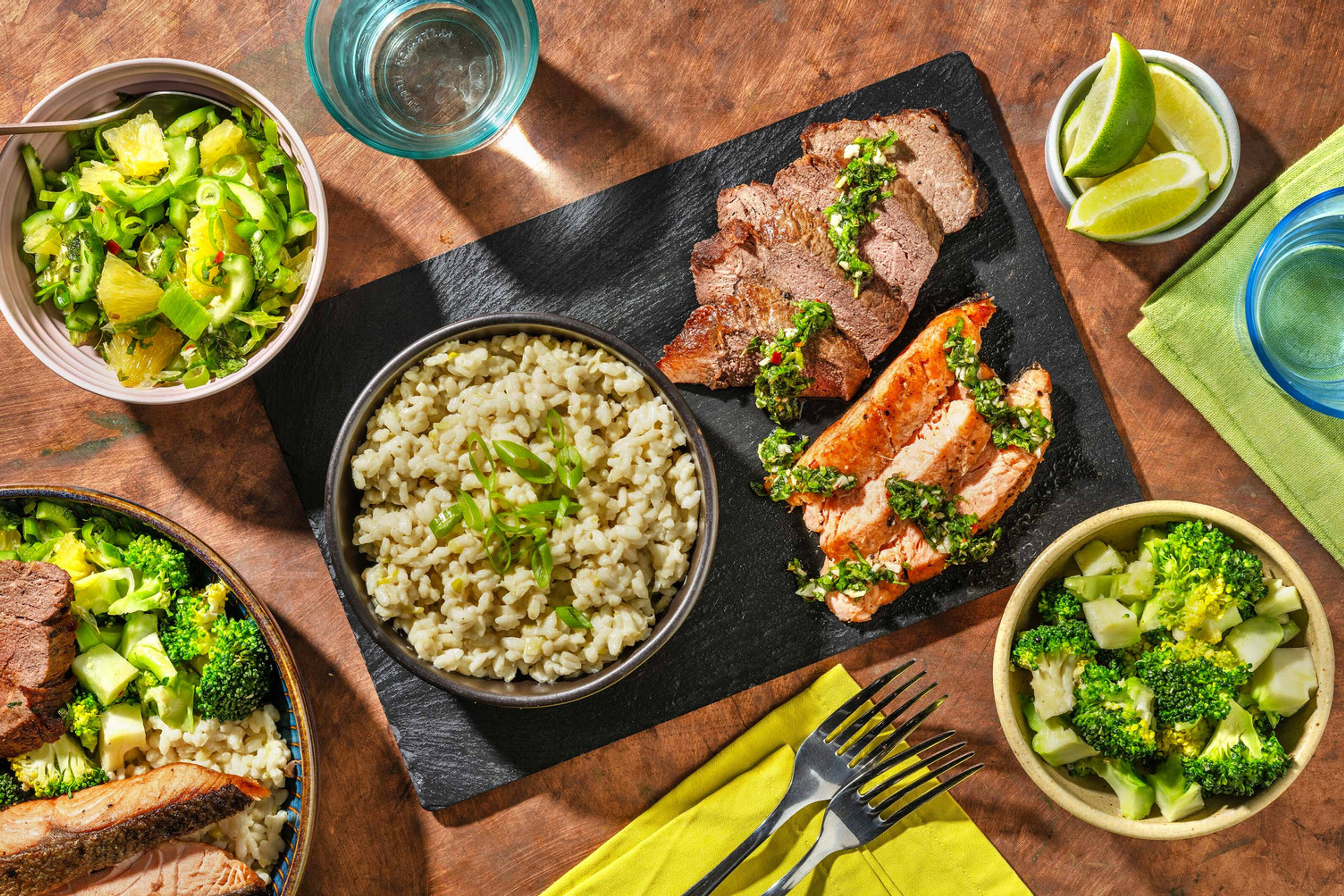Thaise stijl surf & turf met zalm en filet mignon