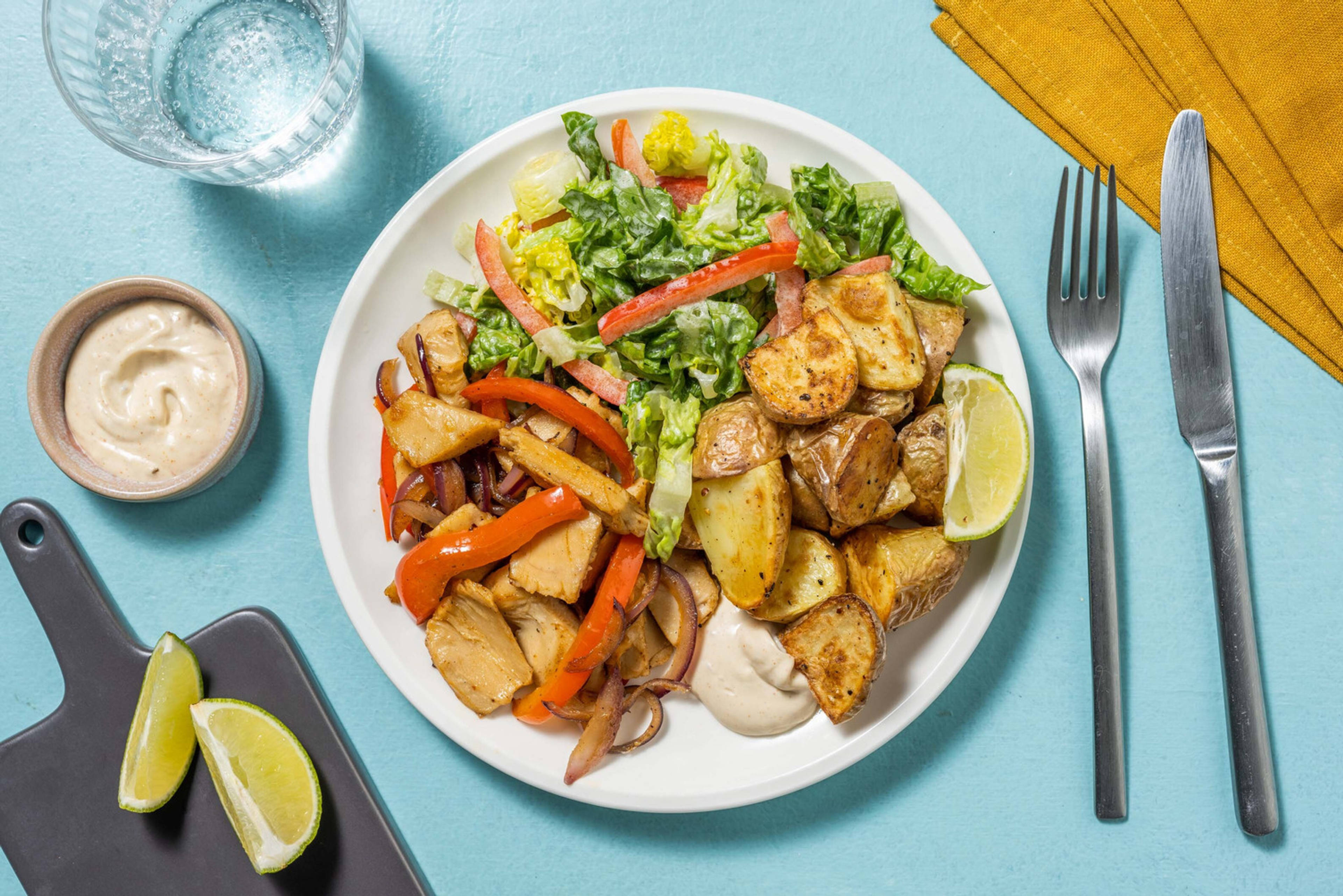 Vegane Cajun-Filetstücke-Pfanne mit Peperoni
