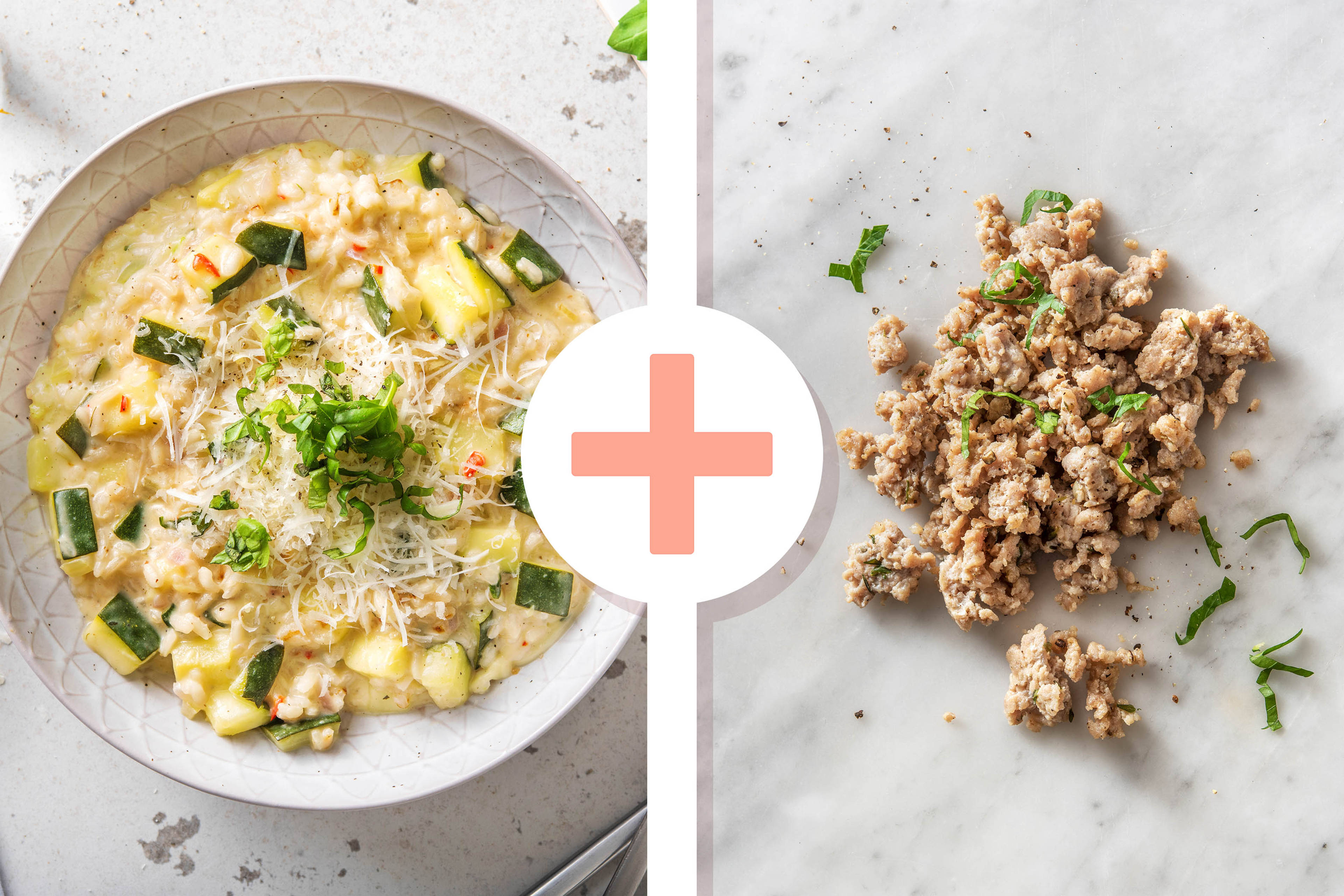 Risotto courgette, mozzarelle et saucisse de porc au thym et citron en extra