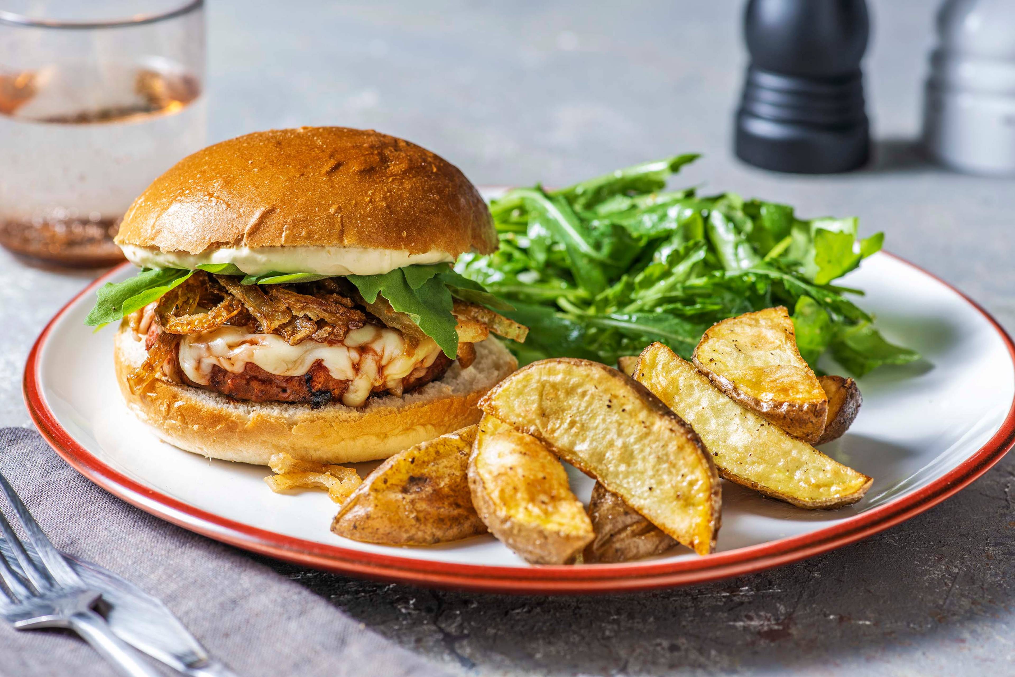 Cheesy Veggie Burger and Crispy Onions