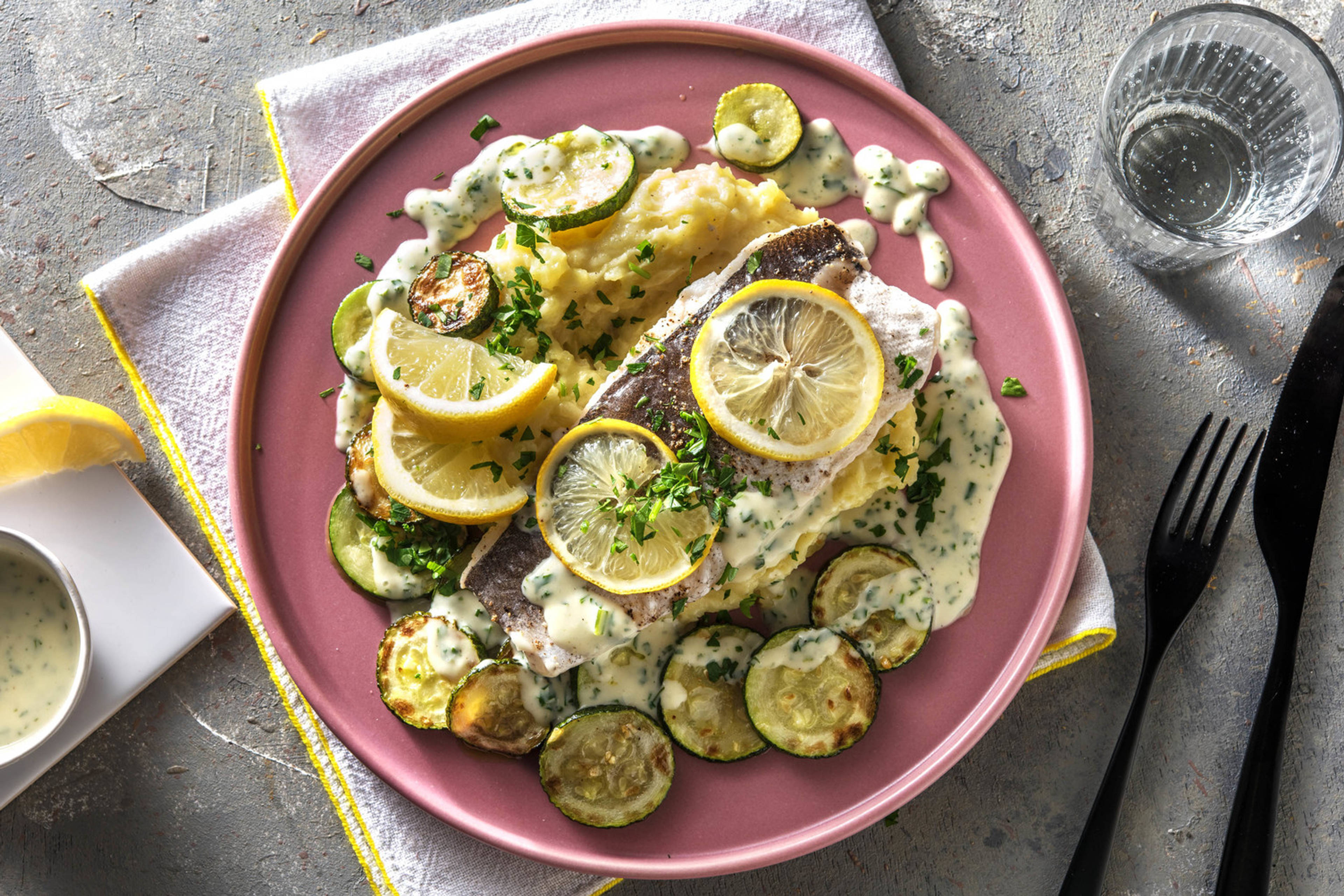 Zitroniger Fisch mit Rahmsauce & käsigem Stock