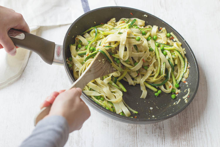 Add pasta and peas