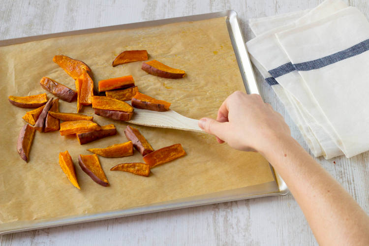 Cook the sweet potato until the edges start to crisp