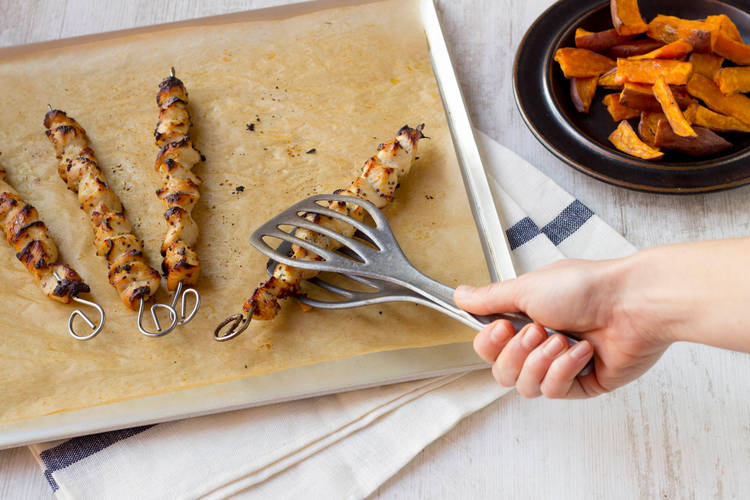 Cook the skewers under the grill until the chicken is cooked through and starting to char.