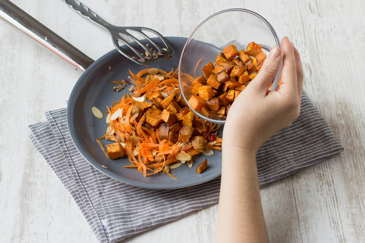 Add the roasted sweet potatoes to the pan