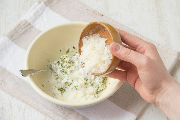 Mix the pine nuts, crème fraîche and parmesan