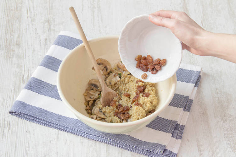 Mix mushroom mixture with raisins and quinoa