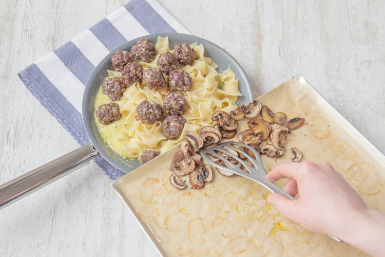 Combine pasta, meatballs and mushrooms