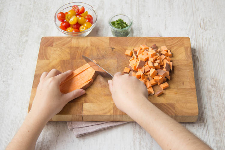 Wash the sweet potatoes and chop into 2cm squares