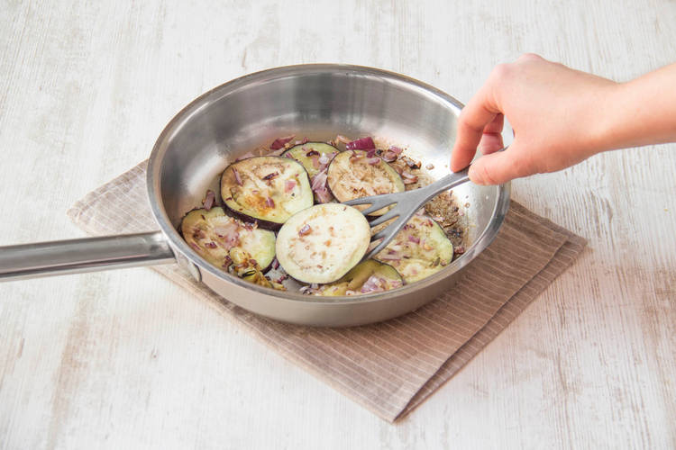 Add the eggplant and cook