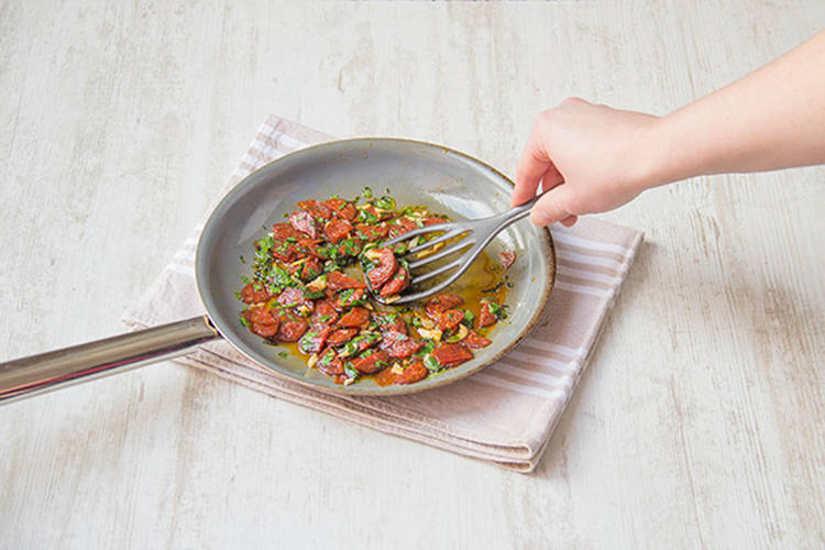 Cook chorizo, panko, parsley