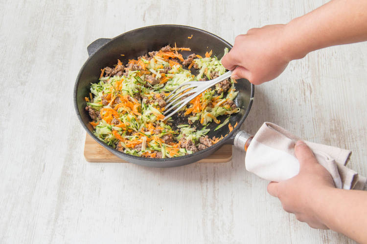 Cook the vegetables and lamb mince