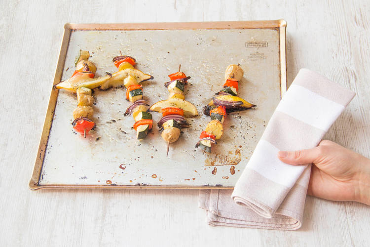 Prepare and roast the vegetable kebabs