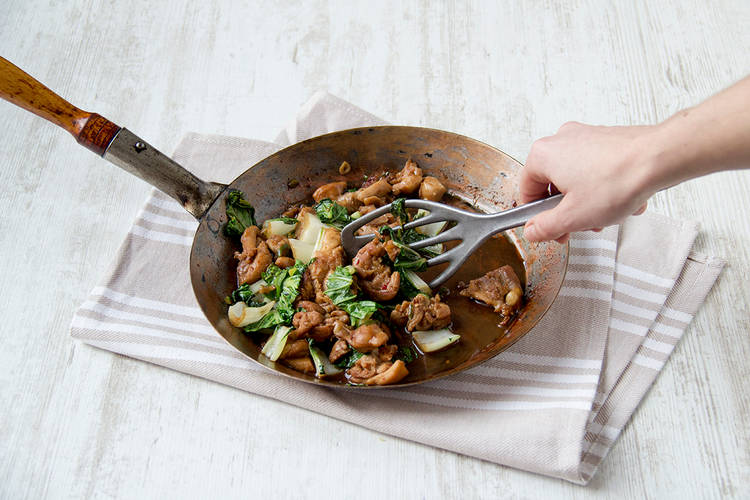 Stir fry bok choy with chicken and spring onions