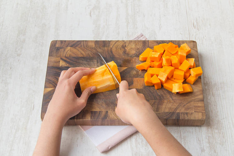 Chop butternut squash into 2cm cubes