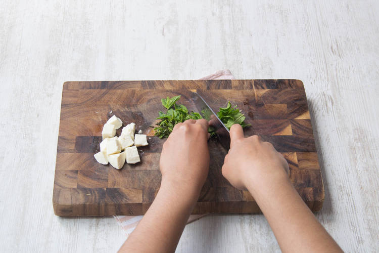 Chop the mint and dice the mozzarella