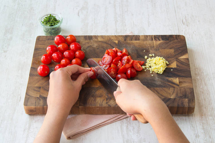 chop your ginger, coriander and cherry tomatoes