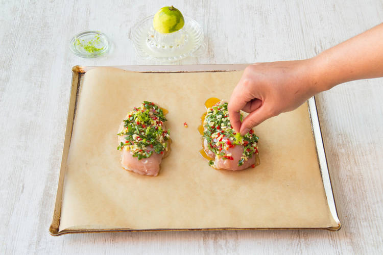 put your marinating mixture on the chicken and put in the oven for 20 mins