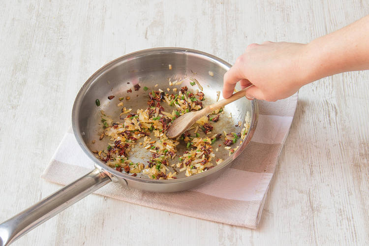 Cook your garlic, onion, sun dried tomato and chilli on a low heat with some salt and pepper