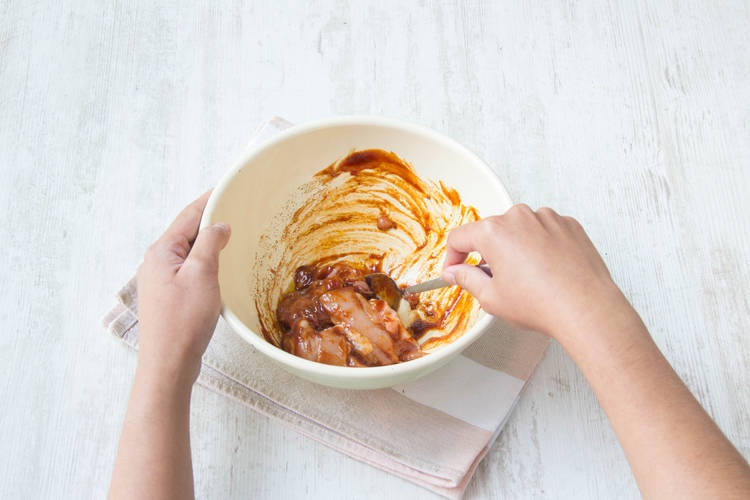 Mix the chicken and BBQ sauce