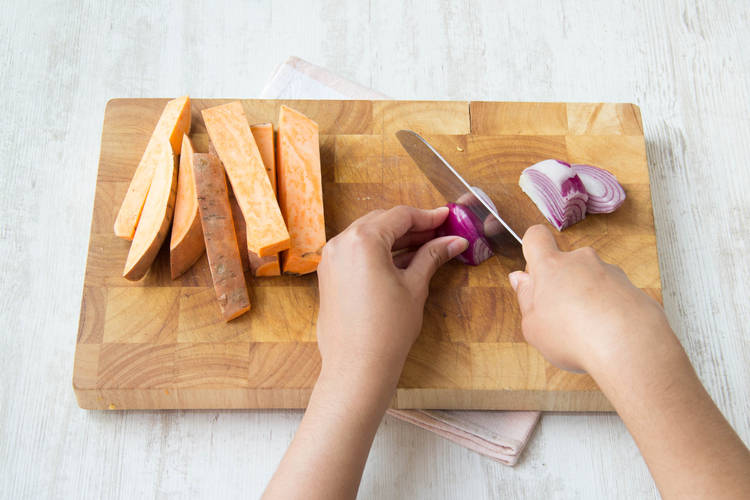 Cut up your sweet potato and onion