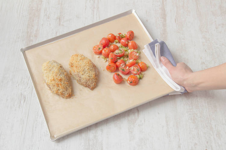 bake the chicken and tomatoes