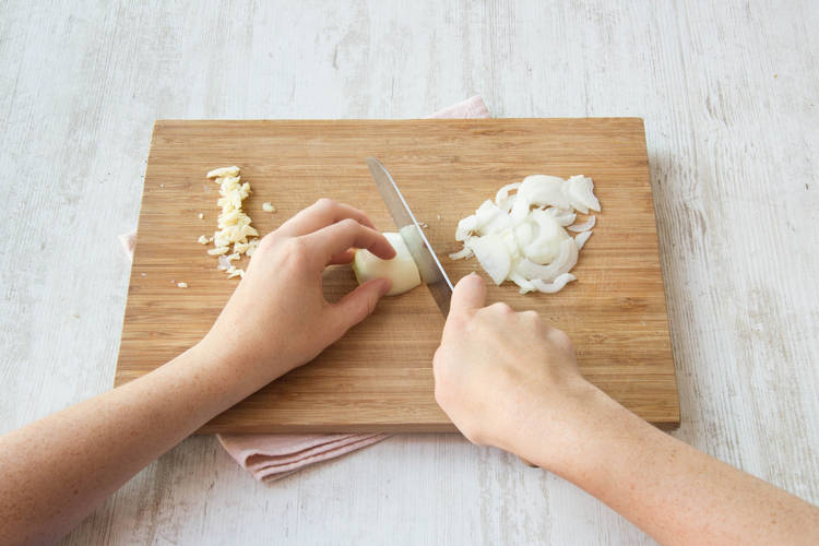Prepare onion and garlic