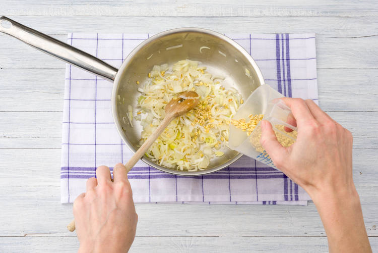 Add pearl barley to the pan