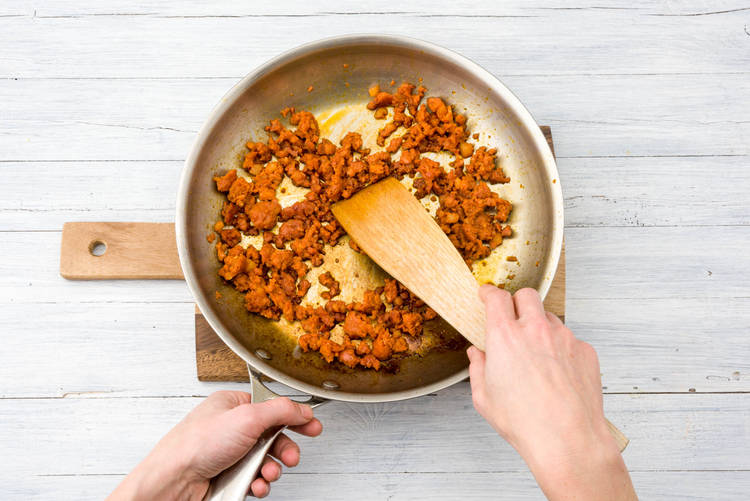 Cook the chorizo until crispy
