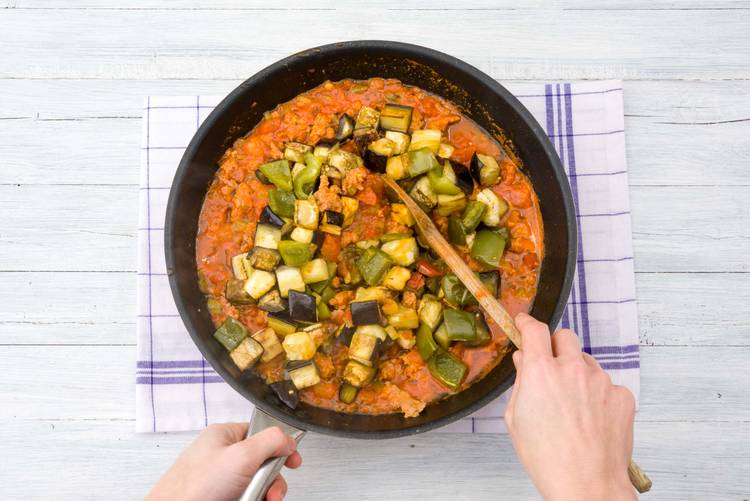Add your roasted veggies to the pan