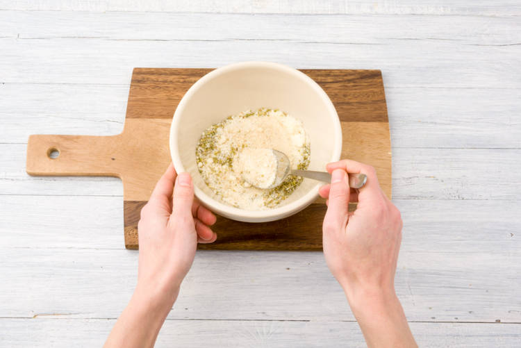Mix your breadcrumbs, cheese and dried herbs