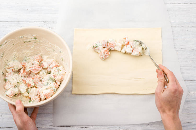 Spoon your fish mixture onto the puff pastry