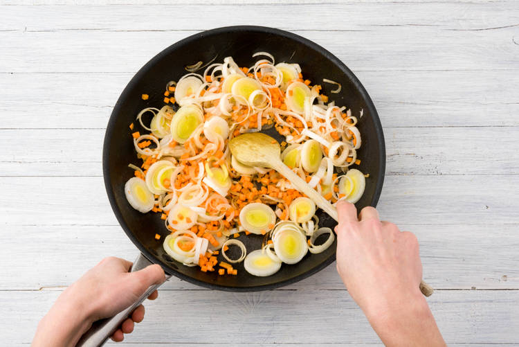 Soften the onion, garlic, leek and carrot