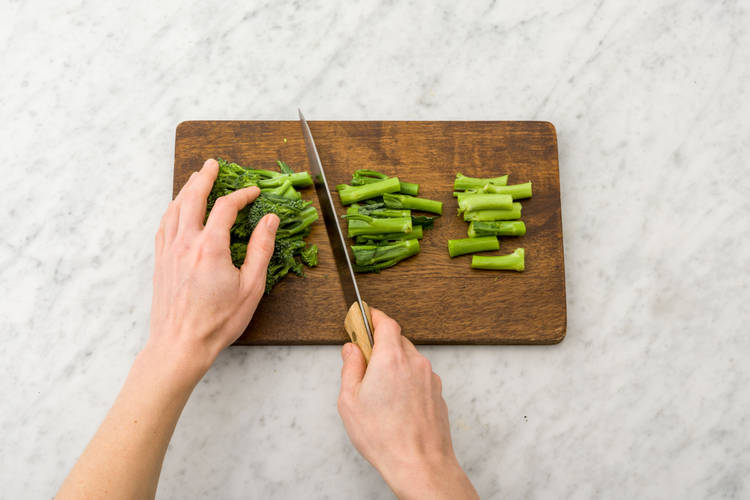 Chop the purple sprouting broccoli widthways into 3 pieces