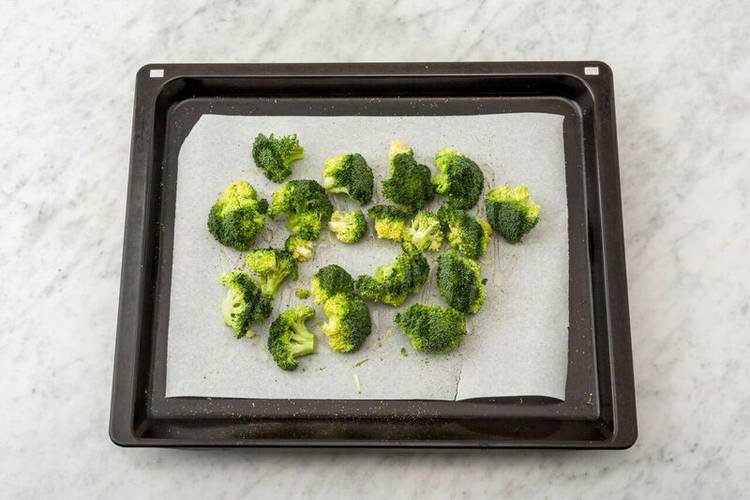 Cook the rice and roast the broccoli