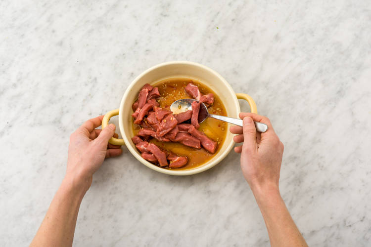Marinade the beef strips