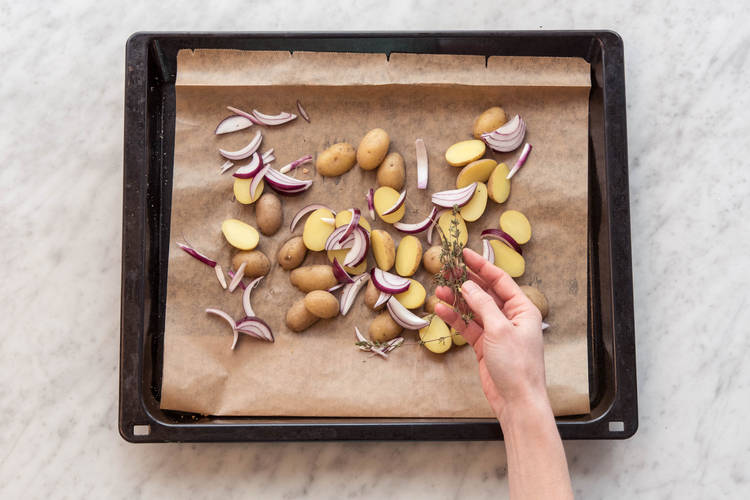 Roast the potatoes and red onion