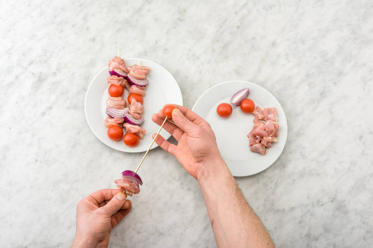 Skewer the chicken and veggies