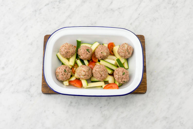 Cook the veg and meatballs on a baking tray