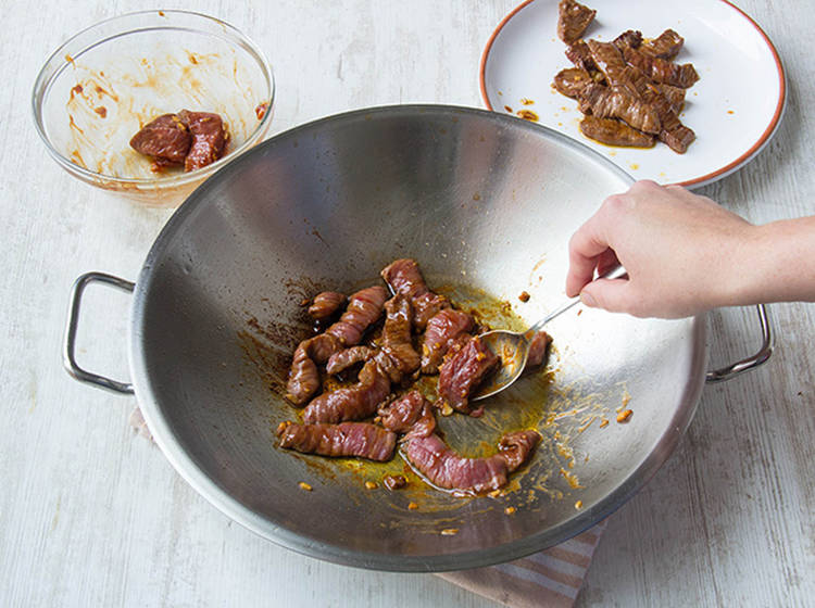 Cook the beef strips