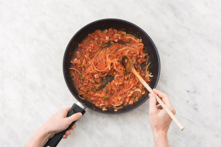 Cook the bacon and veg