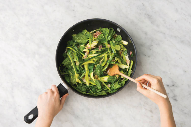 Cook the bacon and veg