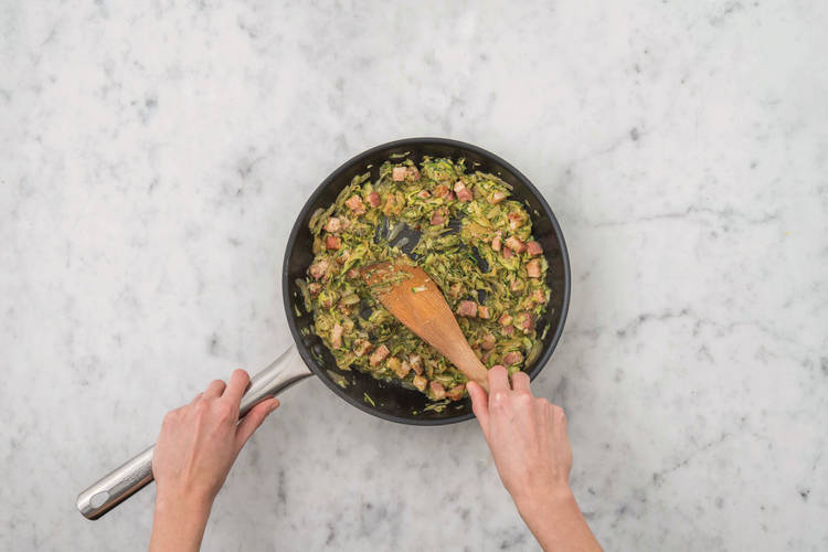 Cook the bacon and veg