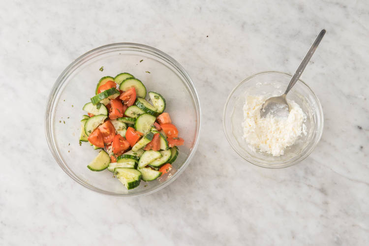 Mix greek salad and make feta mayo