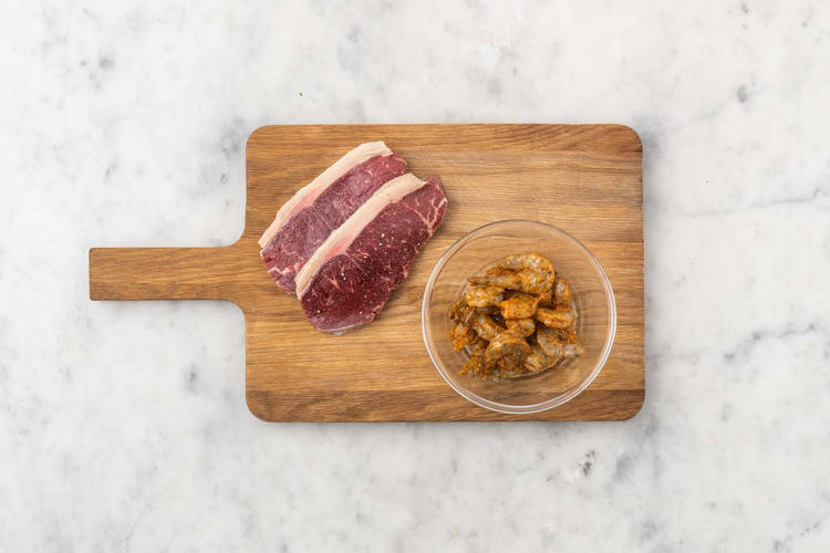 Prep steak and shrimp