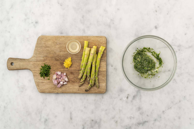 Toast almonds, prep and make herb butter