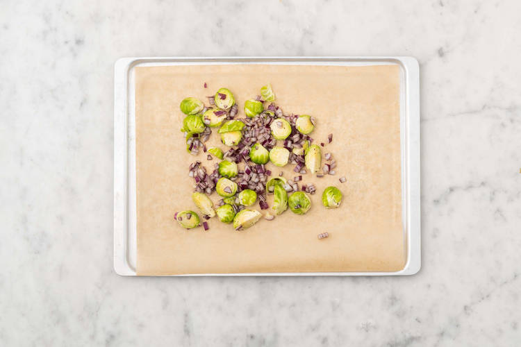 Roast Brussels sprouts and onions