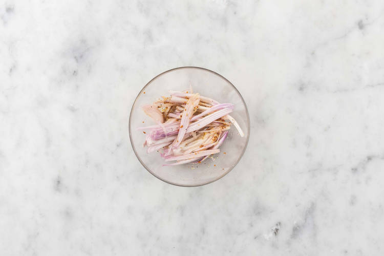 Make dressing and marinate shallots