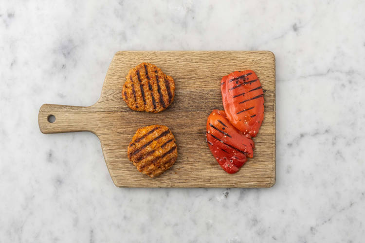 Grill patties and peppers