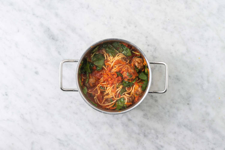 Assemble spaghetti and meatballs